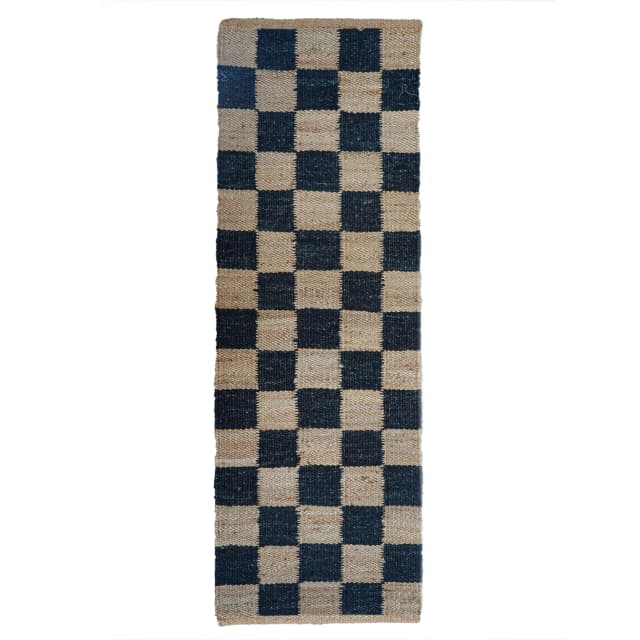 Checkered Handwoven Beige and Black Jute Hemp Runner Rug