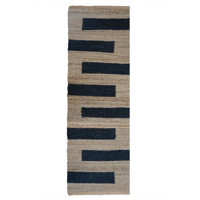 Indian Hand Loomed Natural Jute Hemp Runner Rug with Black Stripes