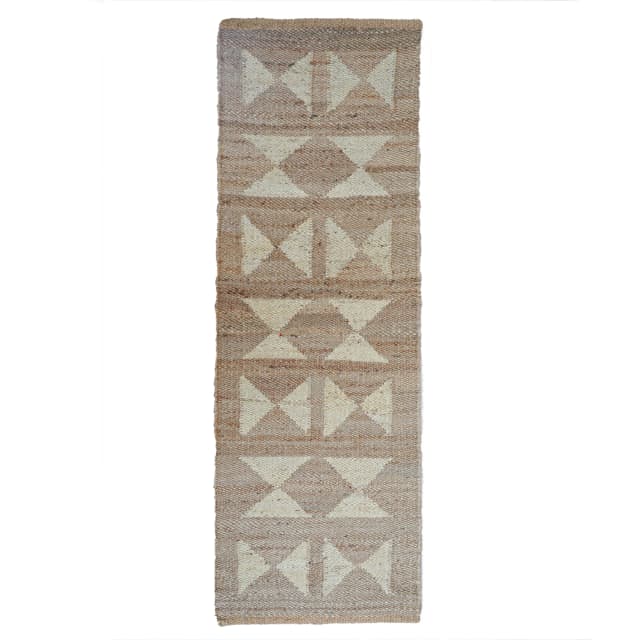 Hand Loomed Natural Jute Hemp Runner Rug with Off White Design
