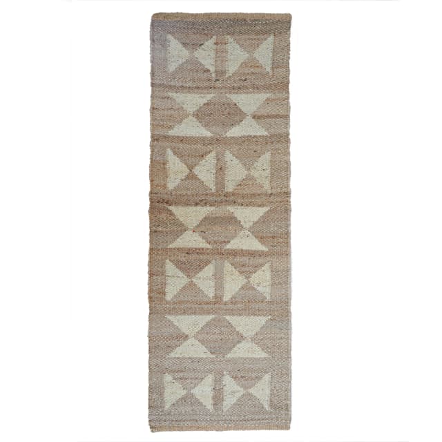 Hand Loomed Natural Jute Hemp Runner Rug with Off White Design