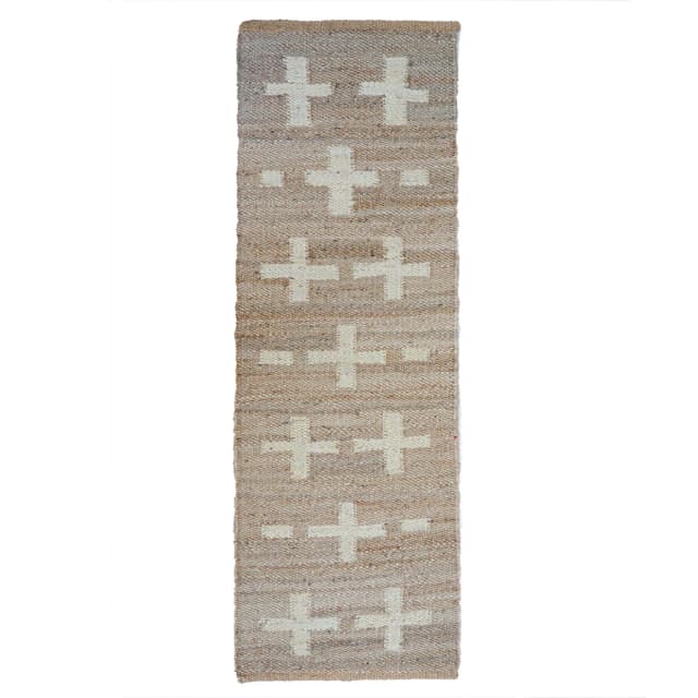 Hand Loomed Natural Jute Hemp Runner Rug with Off White Design