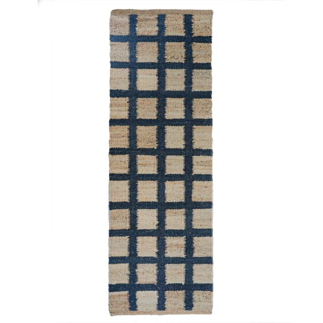 Checkered Handwoven Natural Jute Runner Rug with White Design