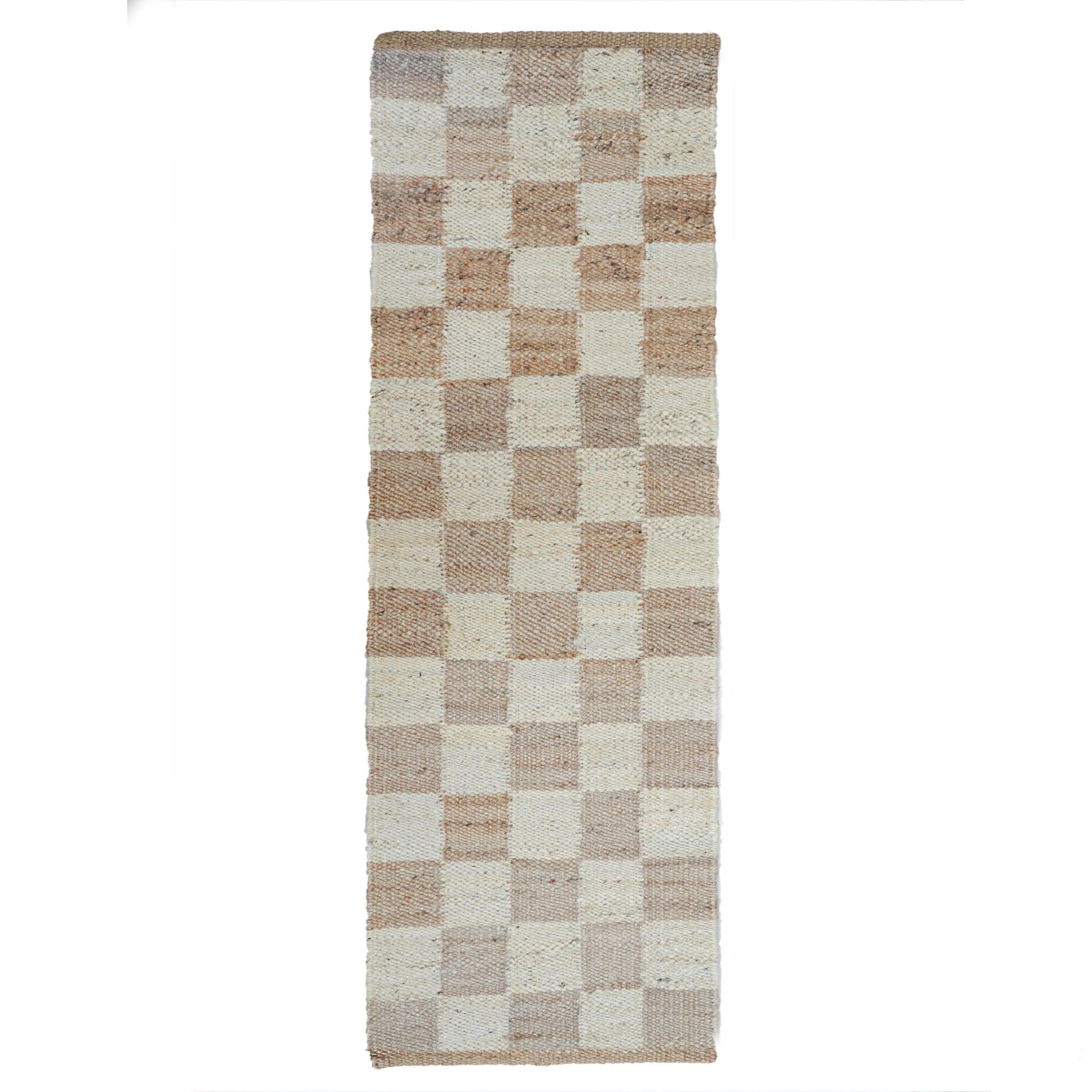 Checkered Handwoven Natural Jute Runner Rug with Off White Design