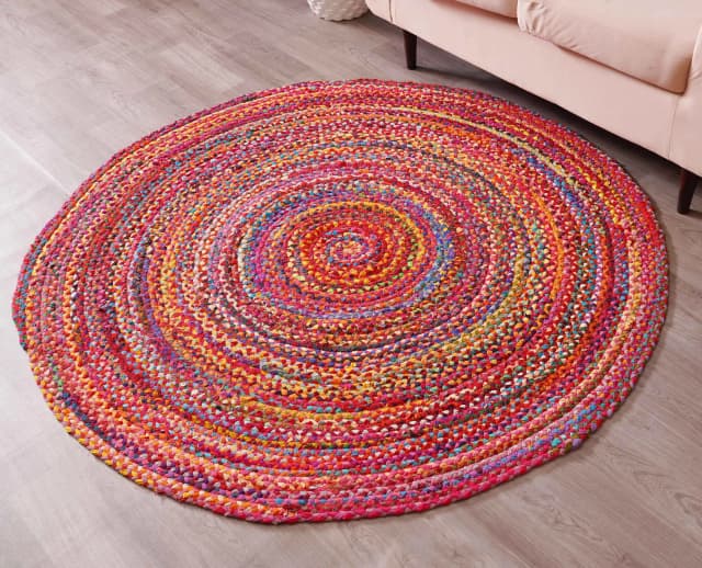 Red and Multicolor Cotton Round Rug