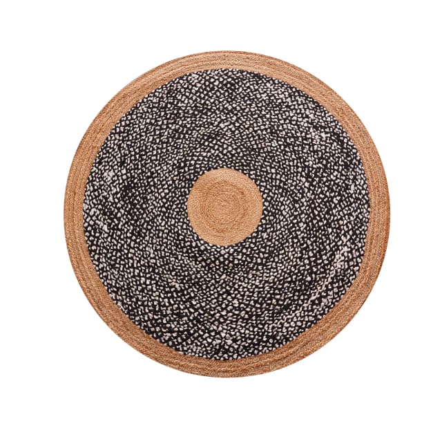 Indian Hand Braided Natural Jute Rug with Black and White Cotton