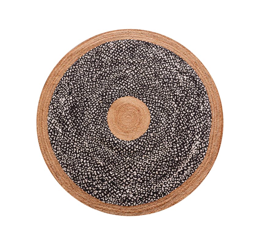 Indian Hand Braided Natural Jute Rug with Black and White Cotton Chindi Rug 