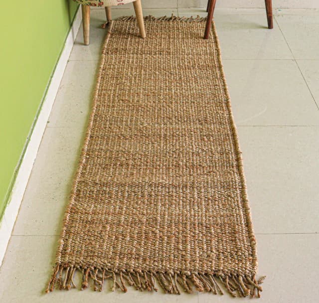 Indian Handwoven Natural Jute Hemp Runner Rug with Fringes