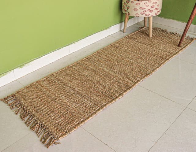 Indian Handwoven Natural Jute Hemp Runner Rug with Fringes