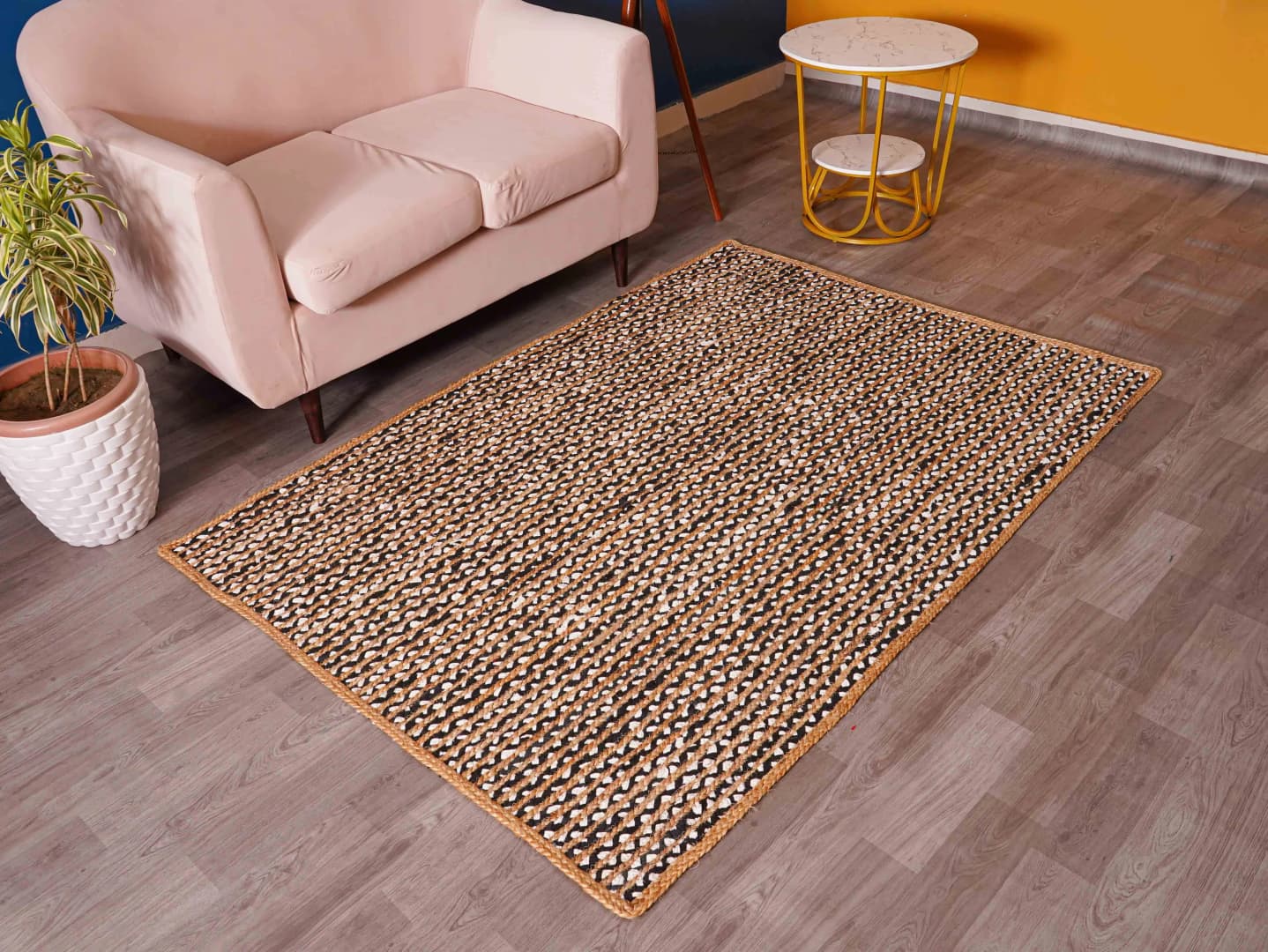 Hand Braided Natural Jute Rectangle and Square Rug with Black and White Cotton