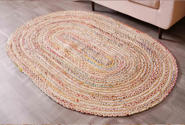 Home Decor Bohemian Natural Jute and Cotton Oval Rug