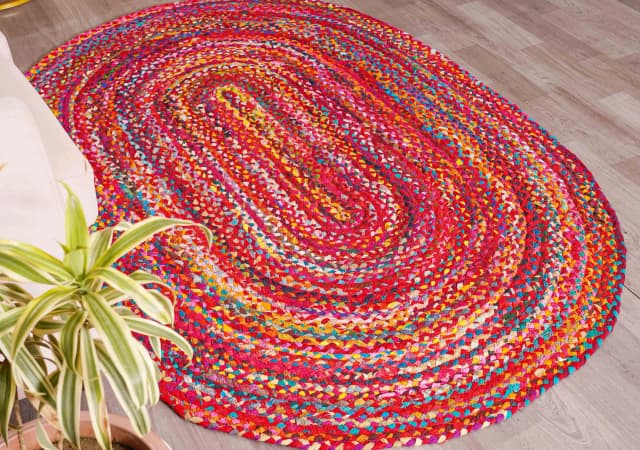 Indian Hand Braided Multicolor Cotton Oval Rug