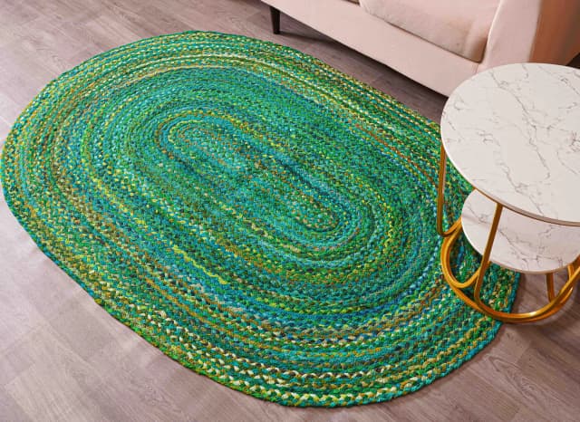 Green Cotton Hand Braided Oval Rug