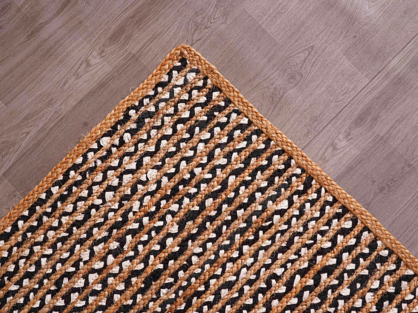 Natural Jute Hand Braided Runner Rug with Black and White Cotton