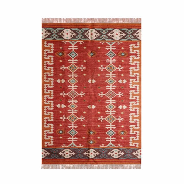 Handwoven Multicolor Wool and Jute Kilim Rug with Fringes Traditional Hand Woven Indian Village Art Wool Jute Vintage Decor Kilim Wool Jute Rugs Indian Handmade Wool Jute Rugs