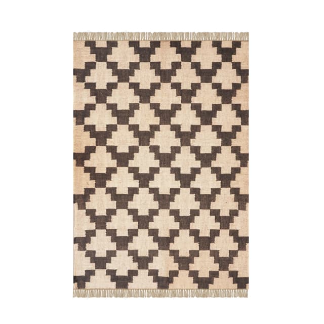 Off White with Black Design Handwoven Wool Jute Kilim Rug with Fringes