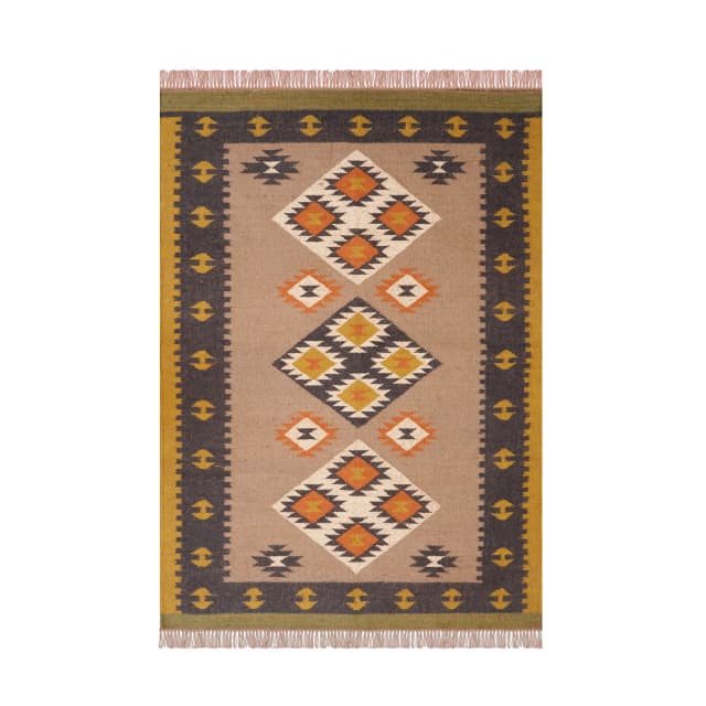 Vintage Kilim Multicolor Wool Jute Rug with Fringes