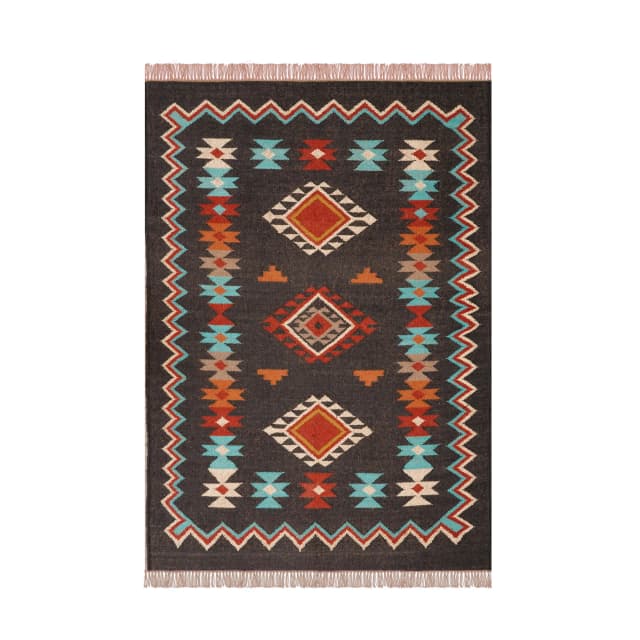 Indian Handwoven Multicolor Wool Jute Kilim Dhurrie Rug with Fringes