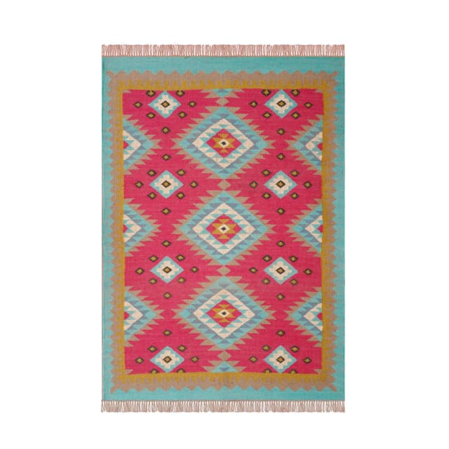 Pink and Blue Handwoven Vintage Wool Jute Kilim Rug with Fringes