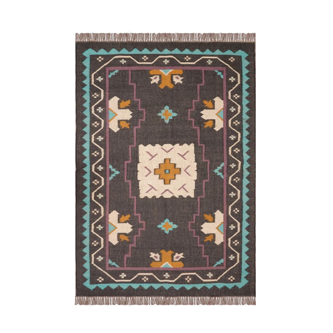 Indian Handwoven Bohemian Wool Jute Kilim Rug with Fringes Jute Rug Wool and Jute Rug Handmade Kilim Dhurrie Rug Traditional Indian jute Area rug