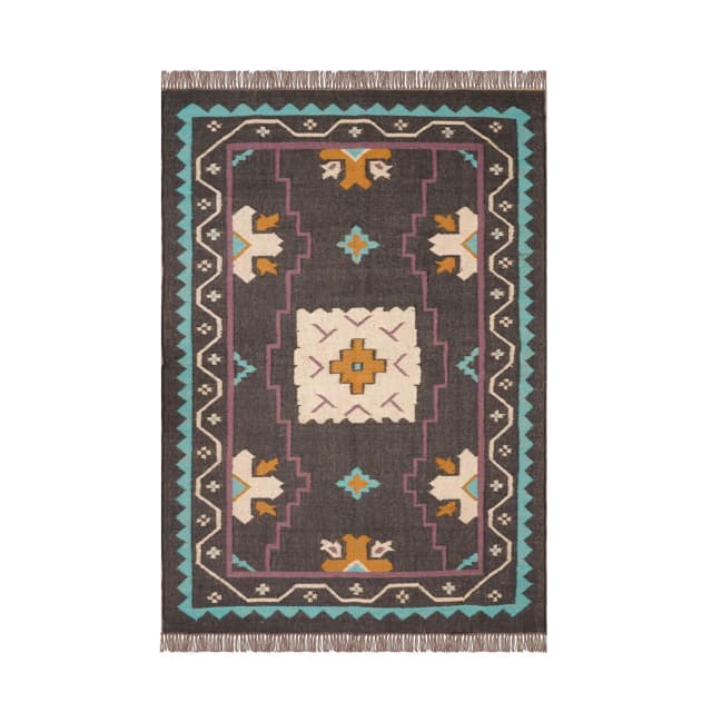 Indian Handwoven Bohemian Wool Jute Kilim Rug with Fringes