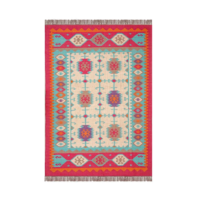 Indian Handwoven Multicolor Wool Jute Kilim Rug and Runner with Fringes