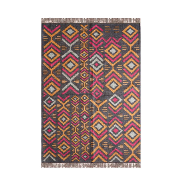 Traditional Indian Handmade Multicolor Wool Jute Kilim Rug and Runner with Fringes