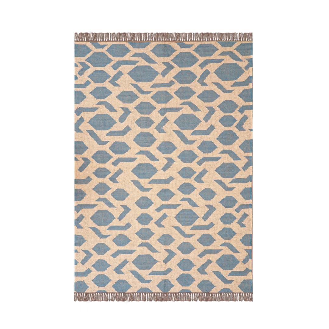 Off White and Blue Handwoven Wool Jute Kilim Rug Jute Rug wool rug Kilim Dhurrie Large Area Jute Kilim Rug For Living Room