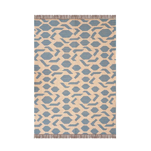 Off White and Blue Handwoven Wool Jute Kilim Rug and Runner