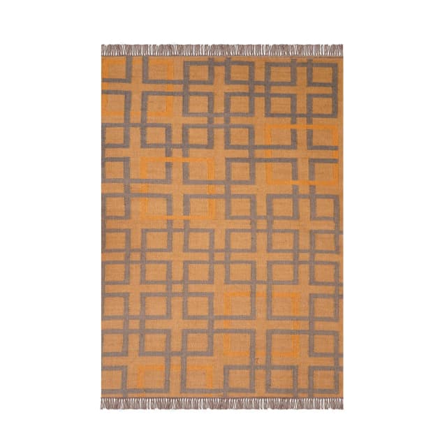 Orange with Gray Design Handwoven Wool Jute Kilim Rug and Runner