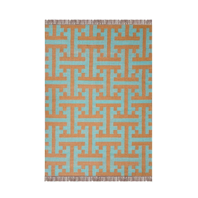 Beige with Blue Design Handwoven Wool Jute Kilim Rug and Runner