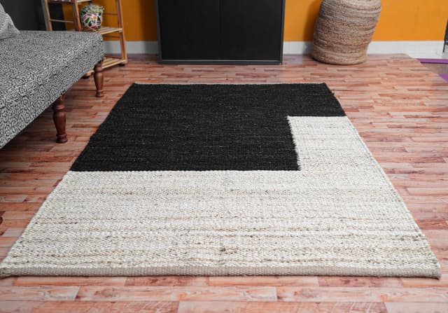 Black and Off White Indian Handwoven Custom Size Jute Hemp Rug