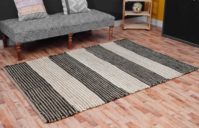 Off White Black and Beige Handwoven Custom Size Jute Hemp Rectangle Rug