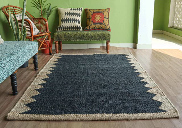 Indian Handwoven Natural Jute Hemp Rug with Black Design