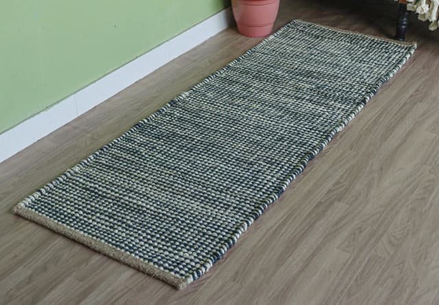 Indian Hand Loomed White and Blue Jute Hemp Runner Rug