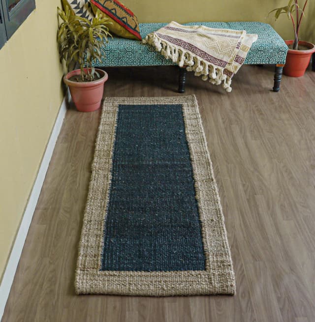 Black with Beige Border Hand Woven Stair Decor Hemp Runner Rug