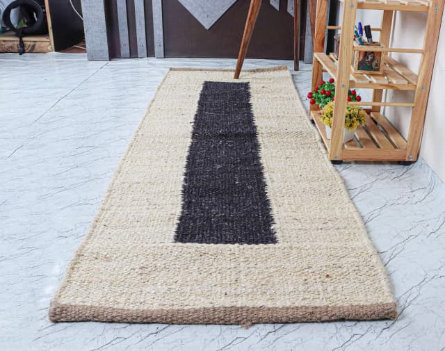 Custom Size Decorative Handwoven Off White and Black Jute Hemp Runner Rug