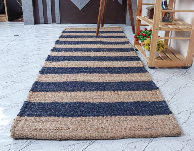 Indian Handmade Bohemian Beige with Navy Blue Stair Decor Jute Hemp Runner Rug