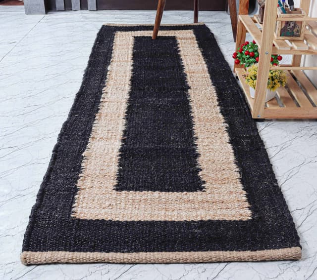 Indian Handloomed Custom Size Beige and Black Jute Hemp Runner Rug for Yoga Mat