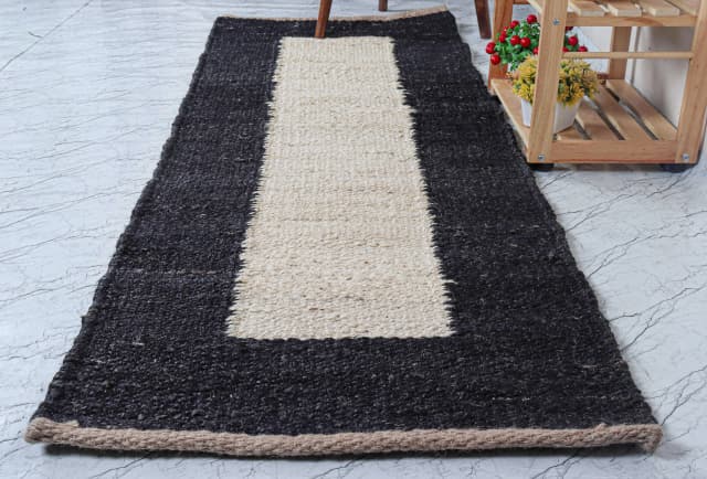 Black and Off White Indian Handwoven Large Area Jute Hemp Runner Rug