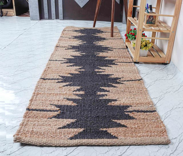 Large Area Hand Woven Stair Decor Natural Jute Hemp Runner Rug with Black Design