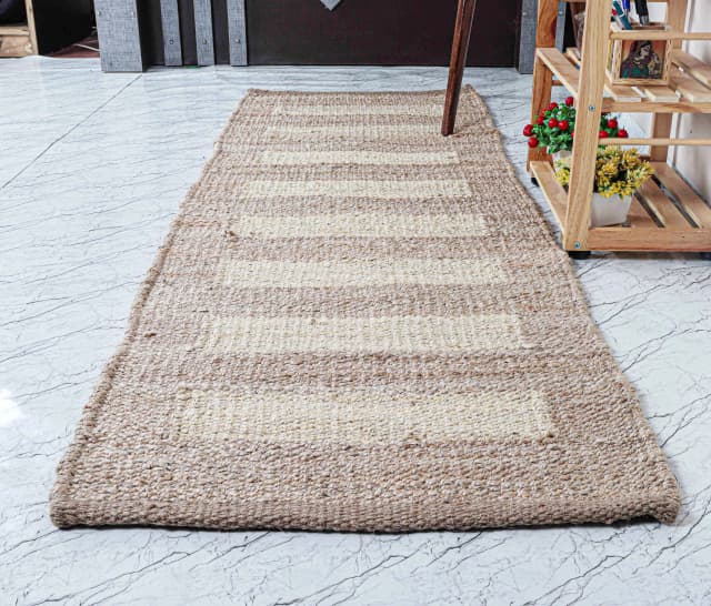 Traditional Indian Hand Woven Beige with White Stripes Large Area Jute Hemp Runner Rug