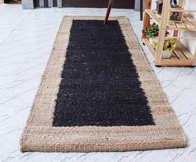 Indian Handwoven Custom Size Bohemian Black with Beige Border Decorative Jute Hemp Runner Rug