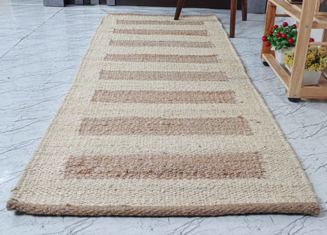 Off White with Beige Stripes Design Hand Woven Large Area Jute Hemp Runner Rug