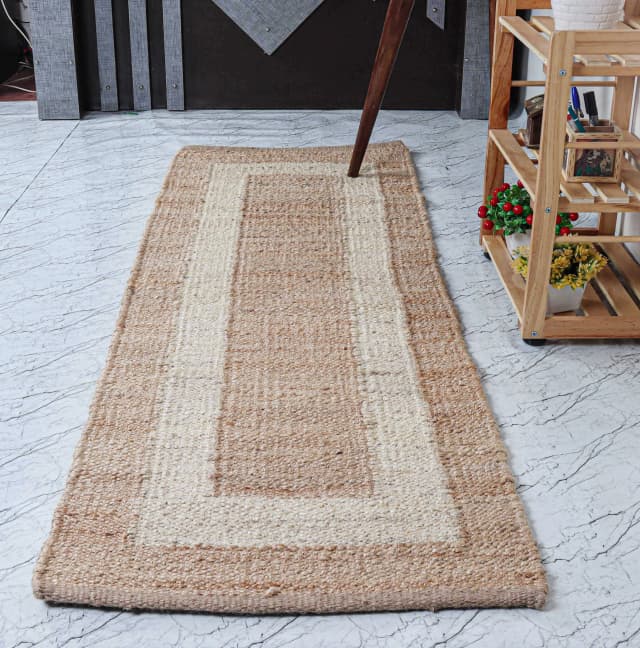 Off White Stripes Border Indian Hand Woven Large Area Natural Jute Hemp Runner Rug for Home Decor