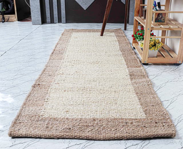 Hand Woven Off White Jute Hemp Stair Decor Runner Rug with Natural Border Large Dhurrie Rug Vintage Boho Decor Hemp Jute Dhurrie