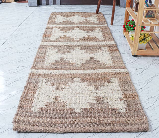 Beige with Off White Design Hand Woven Large Area Stair Jute Hemp Runner Rug