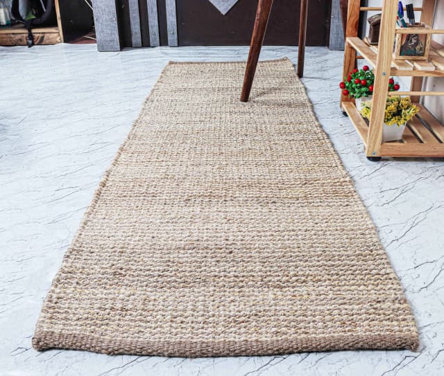 Traditional Indian Hand Woven Off White and Beige Large Area Jute Hemp Runner Rug