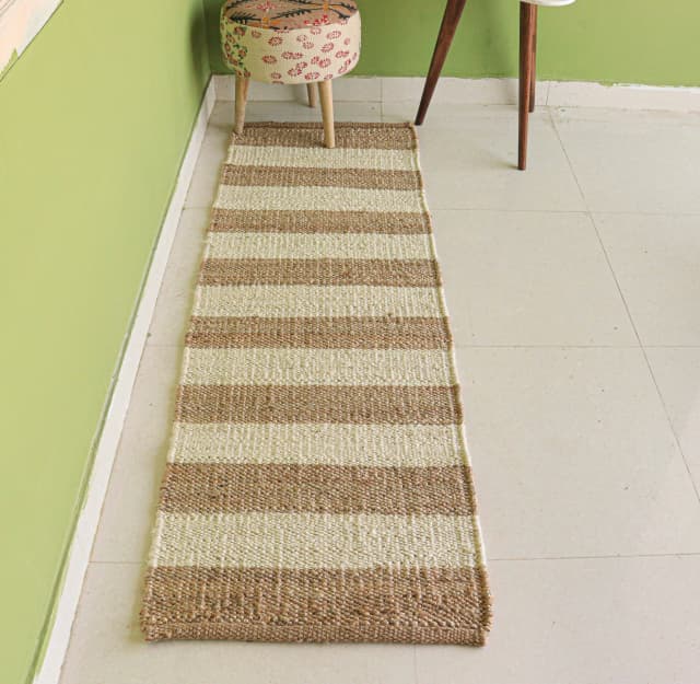 Indian Hand Loomed Hallway Natural Jute Hemp Runner Rug with White Stripes