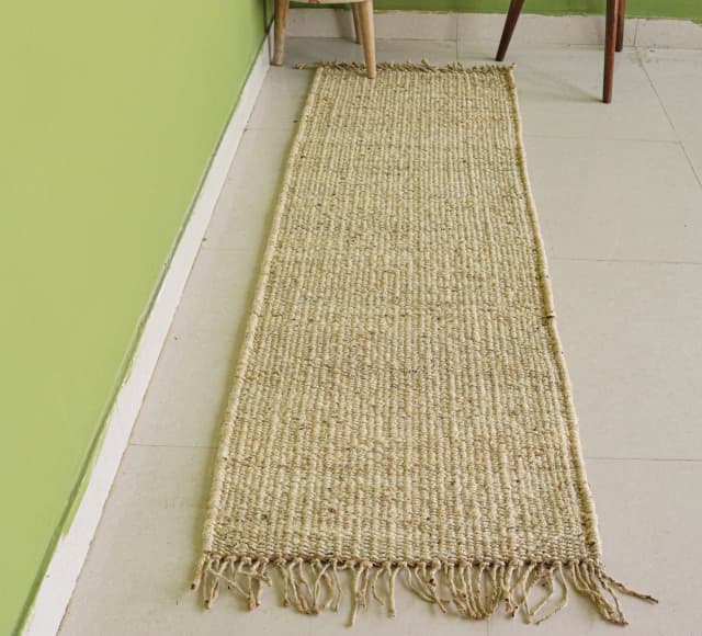 Beige and Off White Hand Loomed Jute Hemp Runner Rug with Fringes