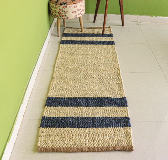 Indian Handwoven Off White with Navy Blue Stripes Jute Hemp Stair Runner Rug Vintage large Runner Dhurrie Rug 